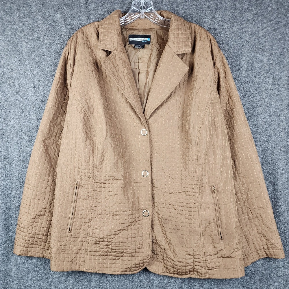 Requirements Quilted Blazer Women 2X Tan Brown Grid Snap Button Jacket Lined